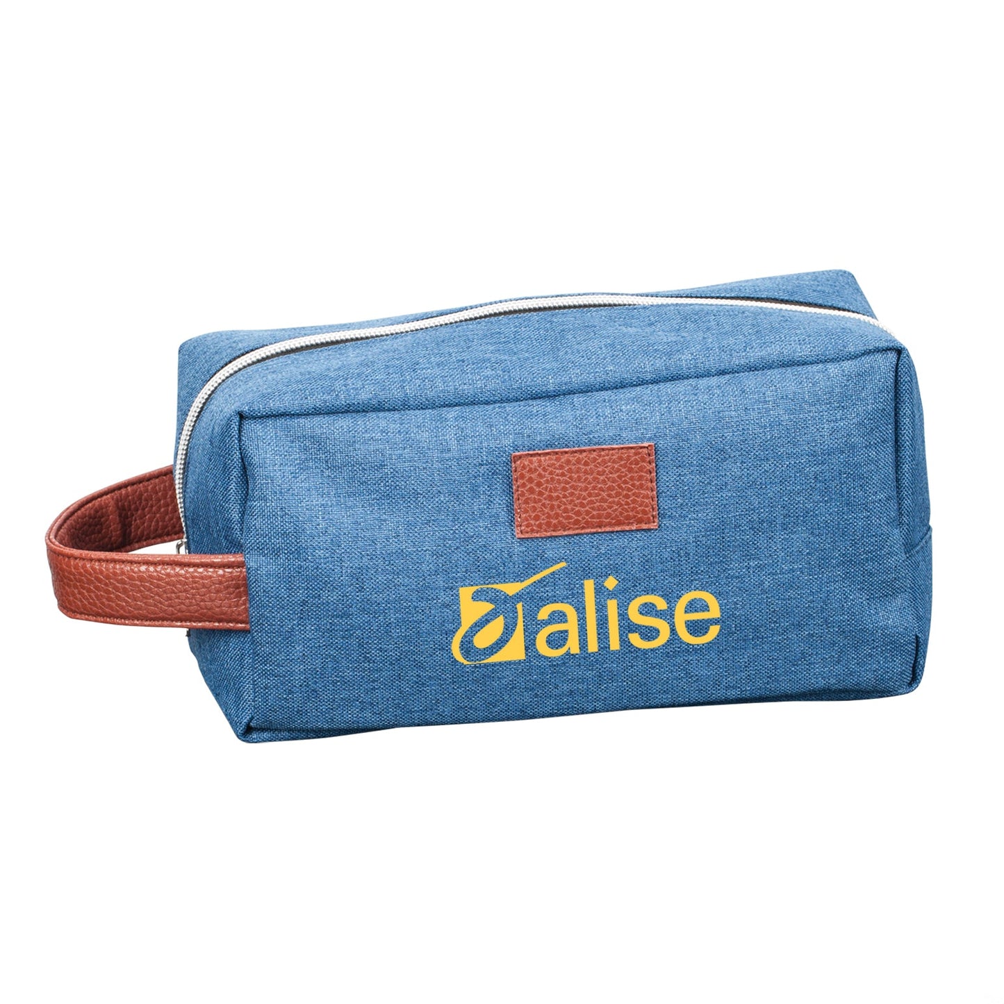 Blue denim austin toiletry bag with leatherette carry handle and zipper closure