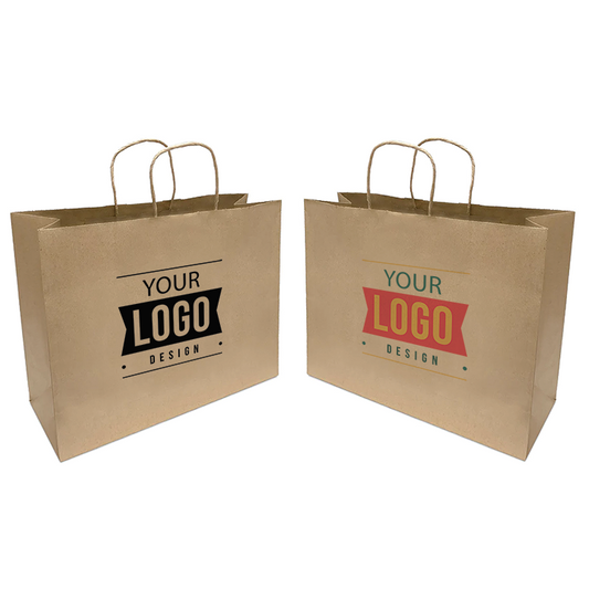 Two brown paper bags with handles and custom printed logo