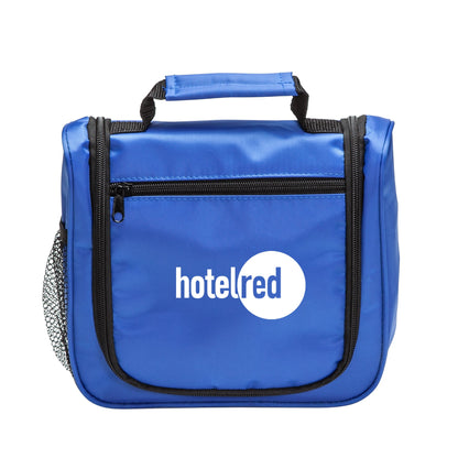 A custom printed blue travel toiletry bag with compartments and a handle