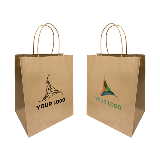 Two kraft paper bags with handles and logos