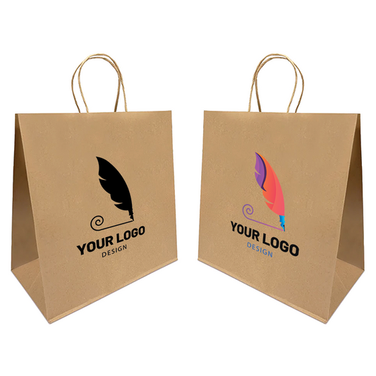 Two brown paper bags with handles featuring a logo