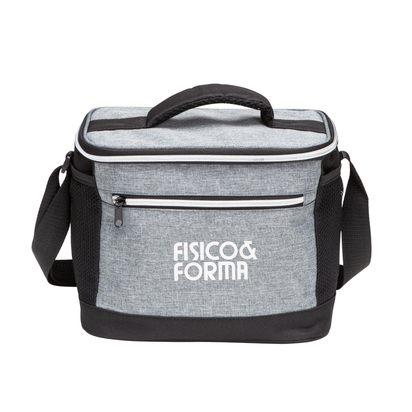 A promotional cooler bag in grey and black featuring a white logo