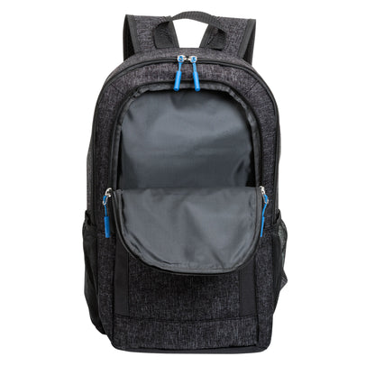 A black backpack with blue trim and a zipper pocket.