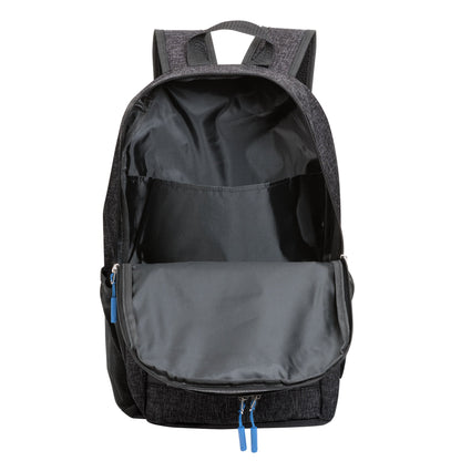 A black backpack with blue trim and a zipper pocket.