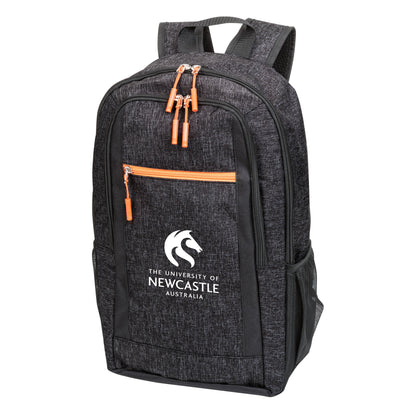 backpack in black and orange color scheme with white logo