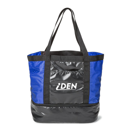 Blue and black romney tote bag with 'iden' in white letters