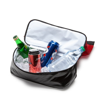 A portable cooler bag filled with ice, drinks and soda cans