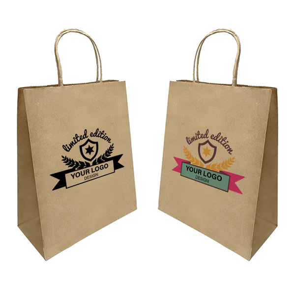 Two brown paper bags with company logo