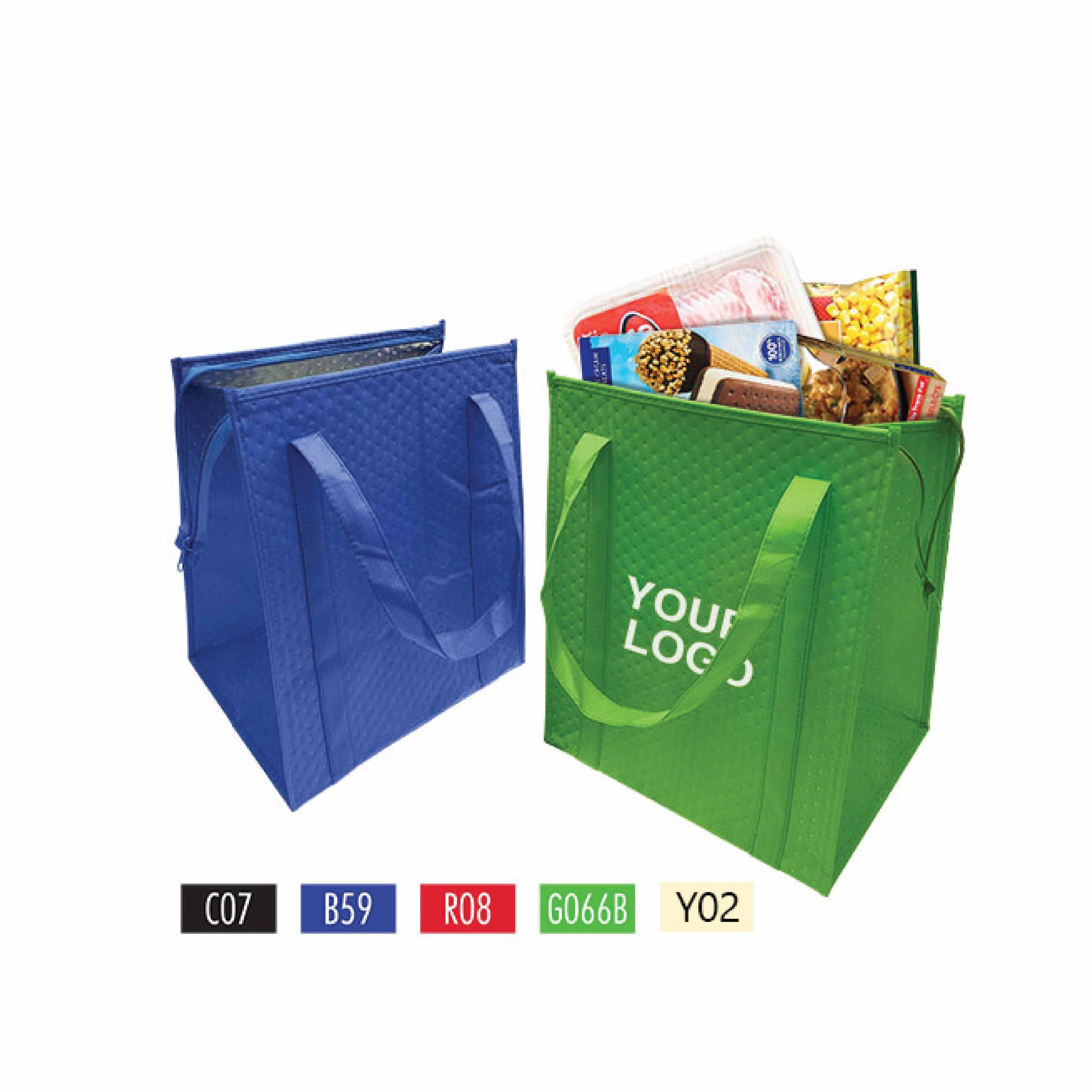 A blue and green Thermal / Insulated Cooler Grocery Bag