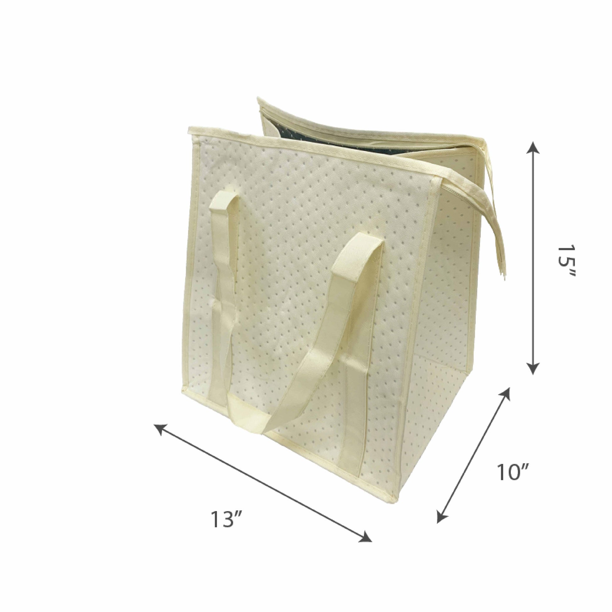 A beige Thermal / Insulated Cooler Grocery Bag with size chart