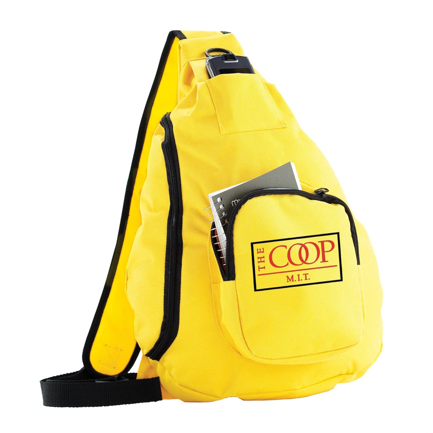 Yellow sling bag with red logo