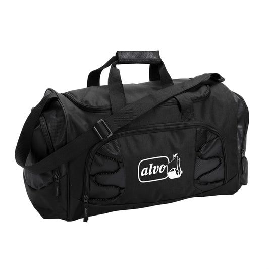 A black duffel bag displaying a white logo