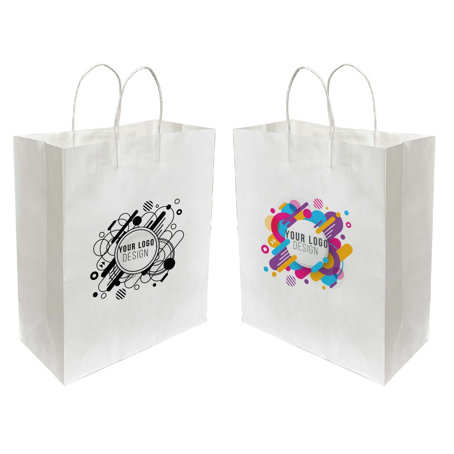 Two white shopping bags with custom printed logo