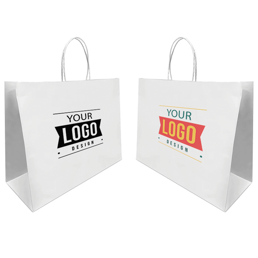 Two white paper bags with logos on them