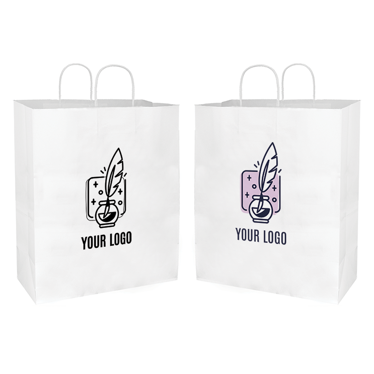 Two white paper bags with logos on them