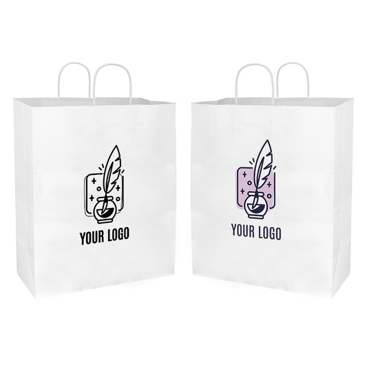 Two white paper bags with logos on them