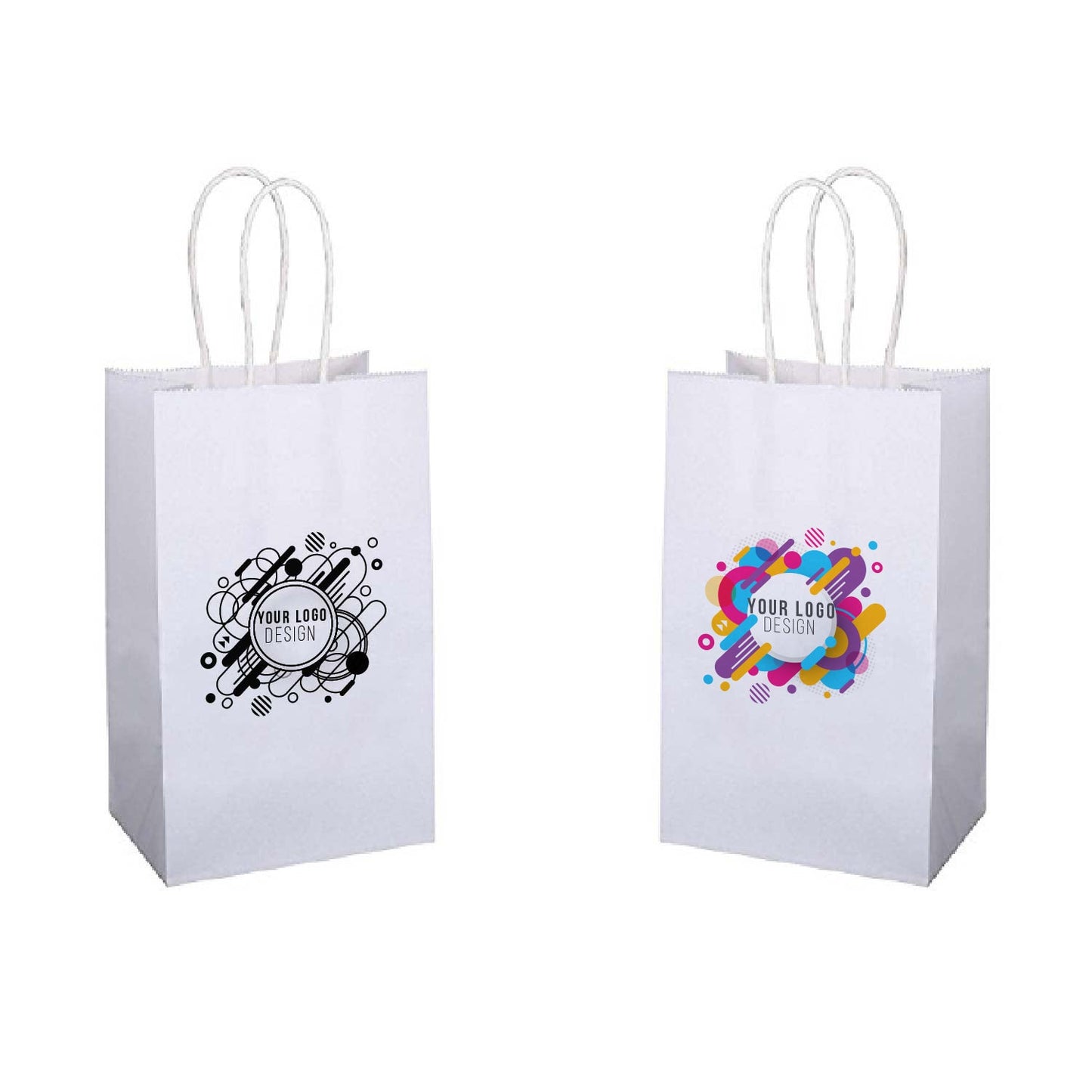 Two white paper bags with vibrant designs